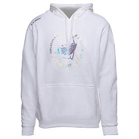 White hoodie with holographic print, Jubilee 2025 official logo