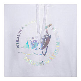 White hoodie with holographic print, Jubilee 2025 official logo