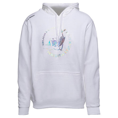 White hoodie with holographic print, Jubilee 2025 official logo 1