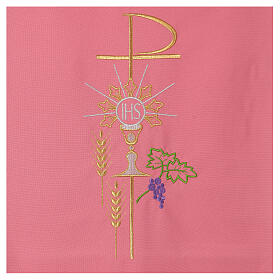 Pink lectern cover, 100% polyester, Chi-Rho, chalice, host and spike