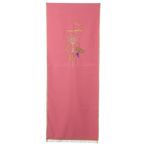 Pink lectern cover, 100% polyester, Chi-Rho, chalice, host and spike 1