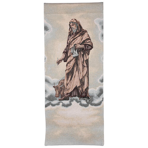 Pultbehang aus Lurex und Baumwolle mit dem heiligen Lukas dem Evangelisten auf elfenbeinfarbenem Hintergrund 1