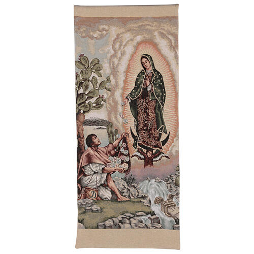 Pultbehang aus Lurex mit Juan Diego und Madonna von Guadalupe auf elfenbeinfarbenem Hintergrund 1