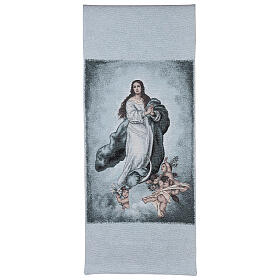 Bestickter Pultbehang mit unbefleckter Jungfrau Maria auf hellblauem Hintergrund