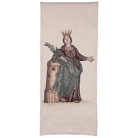 Pultbehang aus Baumwolle und Lurex mit Stickerei der heiligen Barbara auf elfenbeinfarbenem Hintergrund