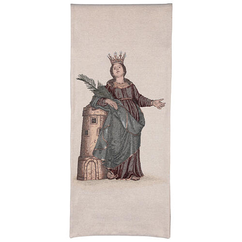 Pultbehang aus Baumwolle und Lurex mit Stickerei der heiligen Barbara auf elfenbeinfarbenem Hintergrund 1