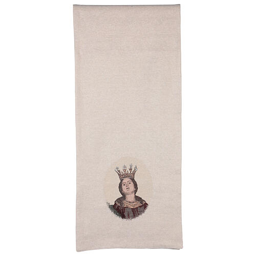 Pultbehang aus Baumwolle und Lurex mit Stickerei der heiligen Barbara auf elfenbeinfarbenem Hintergrund 3