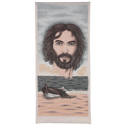Pultbehang aus Baumwolle und Lurex mit Berufung und Gesicht Jesu auf elfenbeinfarbenem Hintergrund 1