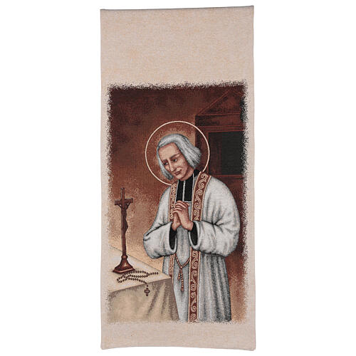 Pultbehang aus Baumwolle und Lurex mit Stickerei vom Pfarrer von Ars auf elfenbeinfarbenem Hintergrund 1
