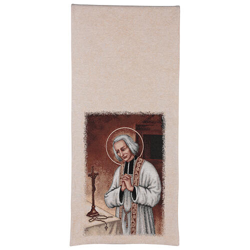 Pultbehang aus Baumwolle und Lurex mit Stickerei vom Pfarrer von Ars auf elfenbeinfarbenem Hintergrund 3