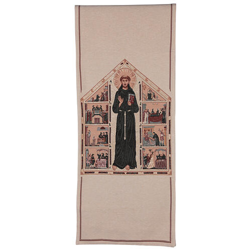 Pultbehang aus Lamè mit Sankt Antonius und Szenen aus seinem Leben auf elfenbeinfarbenem Hintergrund 1