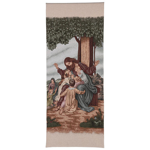 Pultbehang aus Lurex und Baumwolle mit Jesus und den Kindern auf elfenbeinfarbenem Stoff 1