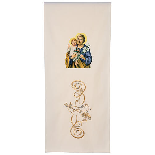 Elfenbeinfarbenes besticktes Ambotuch aus Polyester mit Sankt Joseph und Goldfaden 1