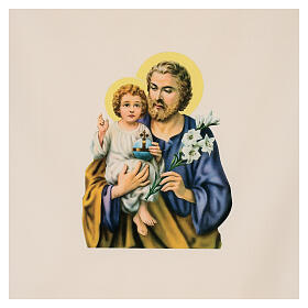 Emboidered lectern cover, Saint Joseph, ivory coloured polyester, golden thread