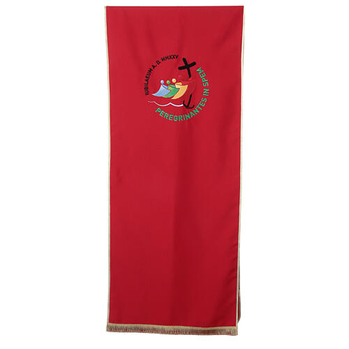 Red embroidered lectern cover with official Jubilee 2025 logo 1
