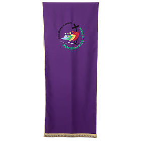 Purple embroidered lectern cover with official Jubilee 2025 logo