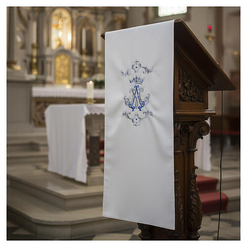 Ivory Marian lectern cover with silver and blue embroideries 2