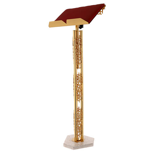 Single-column book stand with marble base in gold brass with stylized design 4