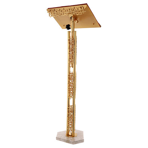 Single-column book stand with marble base in gold brass with stylized design 7