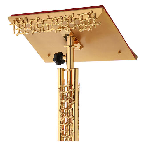 Single-column book stand with marble base in gold brass with stylized design 11