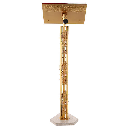 Single-column book stand with marble base in gold brass with stylized design 12