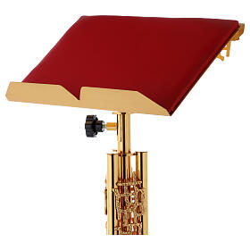 Single-column book stand with marble base in gold brass with stylized design