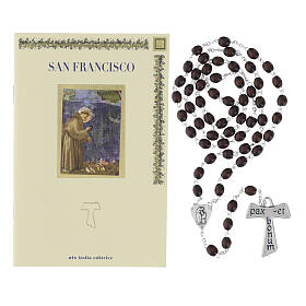 Saint Francis booklet with wooden rosary and Tau cross, SPANISH LANGUAGE