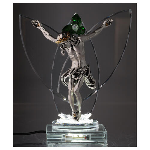 Elektrische Altarlampe aus Kristallglas mit Gekreuzigtem und grüner Blüte 2