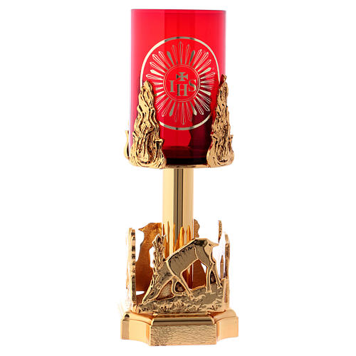 Blessed Sacrament lamp with deer at the font in golden cast brass 20cm 4