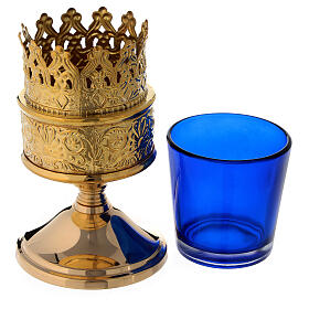 Lanterne de sanctuaire verre bleu laiton doré hauteur 13 cm