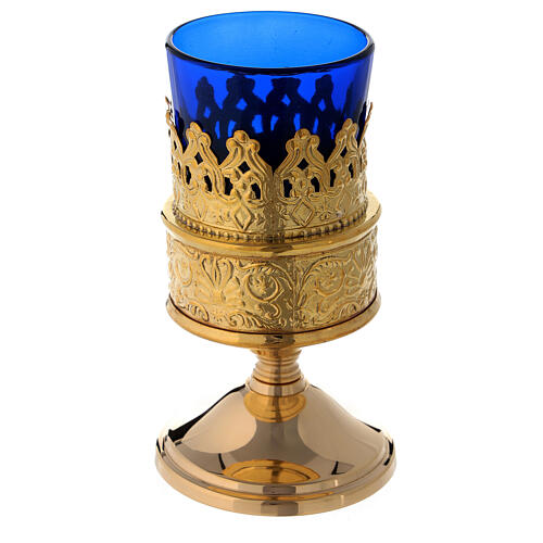 Lanterne de sanctuaire verre bleu laiton doré hauteur 13 cm 1