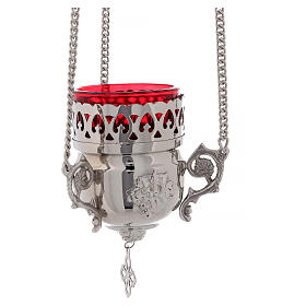 Hanging brass Sanctuary lamp with red shade and hook 6 in