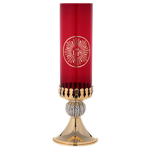 Świecznik na czerwone szkło lampki Najświętszego Sakramentu z podstawą, mosiądz pozłacany 3