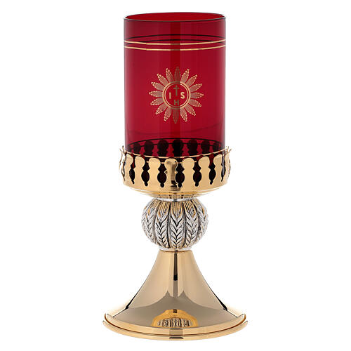 Świecznik na czerwone szkło lampki Najświętszego Sakramentu z podstawą, mosiądz pozłacany 4
