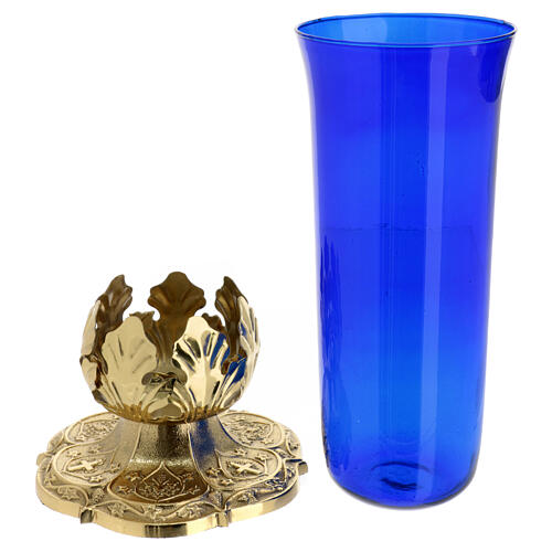 Sanctuary lamp with blue cup, decorated base, h 12 in 3