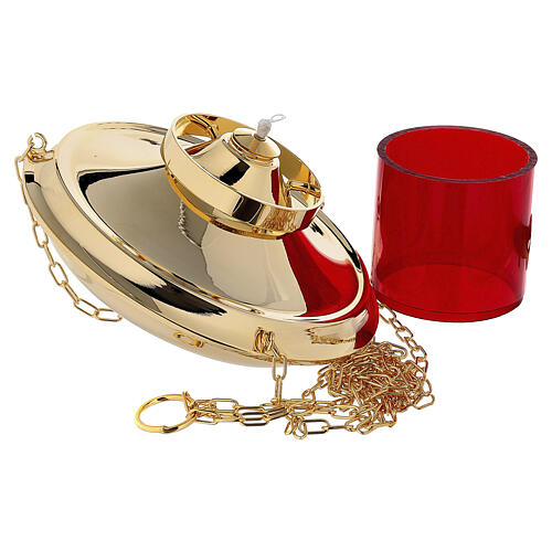 Gilded brass hanging sanctuary lamp with chains, 40 in 5