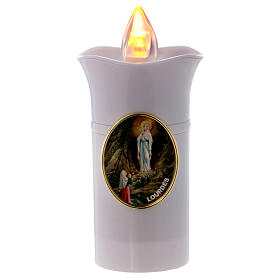 Grablicht von Lumada mit Bild der Gottesmutter von Lourdes und mit gelbem Flackerlicht