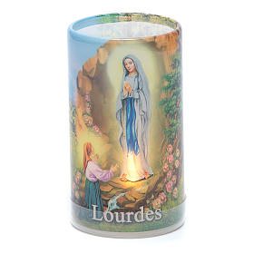 Vela con pilas con Virgen de Lourdes con vela falsa interior