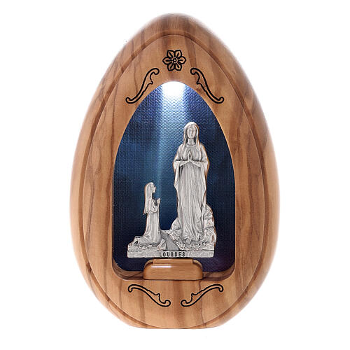 Our Lady of Lourdes candle with Bernardette in olive wood with led 10X7 cm 1