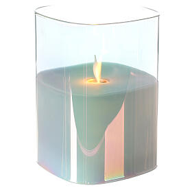 Velas Votivas: Vela de cera LED quadrada em vaso de vidro iridescente altura 12,5 cm com chama efeito vacilante Velas Votivas: Vela de cera LED quadrada em vaso de vidro iridescente altura 12,5 cm com chama efeito vacilante