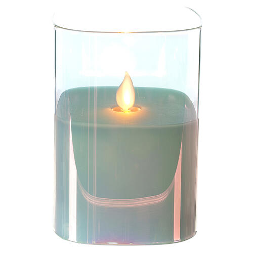 Vela de cera LED quadrada em vaso de vidro iridescente altura 12,5 cm com chama efeito vacilante 1