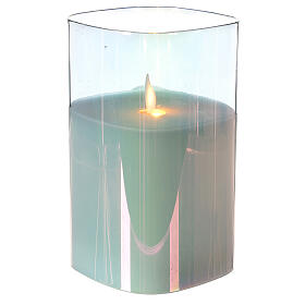 Velas Votivas: Vela de cera LED quadrada em vaso de vidro iridescente altura 15 cm com chama efeito vacilante
