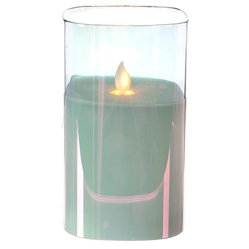 Vela de cera LED quadrada em vaso de vidro iridescente altura 15 cm com chama efeito vacilante 1