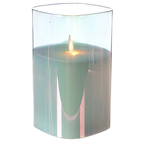 Vela de cera LED quadrada em vaso de vidro iridescente altura 15 cm com chama efeito vacilante 2