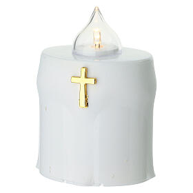 White votive candle with flickering warm white LED and golden cross