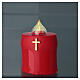 Red votive candle with golden cross, flickering warm white LED s2