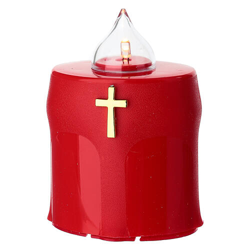 Red votive candle with golden cross LED flickering warm white 1