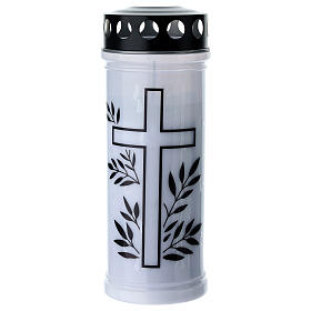 White votive paraffin candle with black cross rain cover