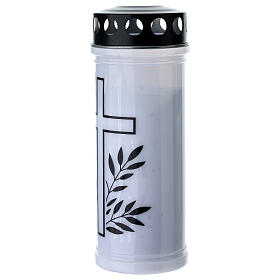 White votive paraffin candle with black cross rain cover