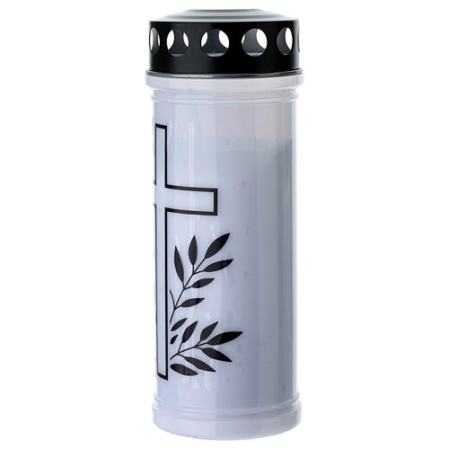 White votive paraffin candle with black cross rain cover 2
